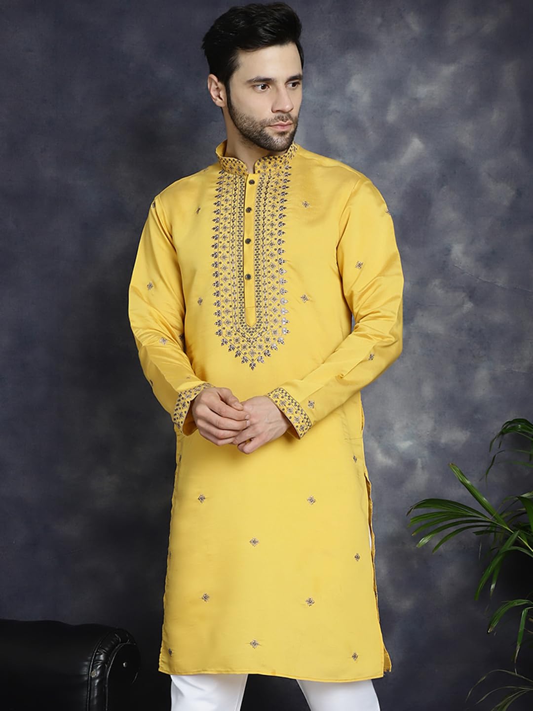 Jompers Men's Yellow Sequin Embroidered Kurtas (Yellow, Xl)
