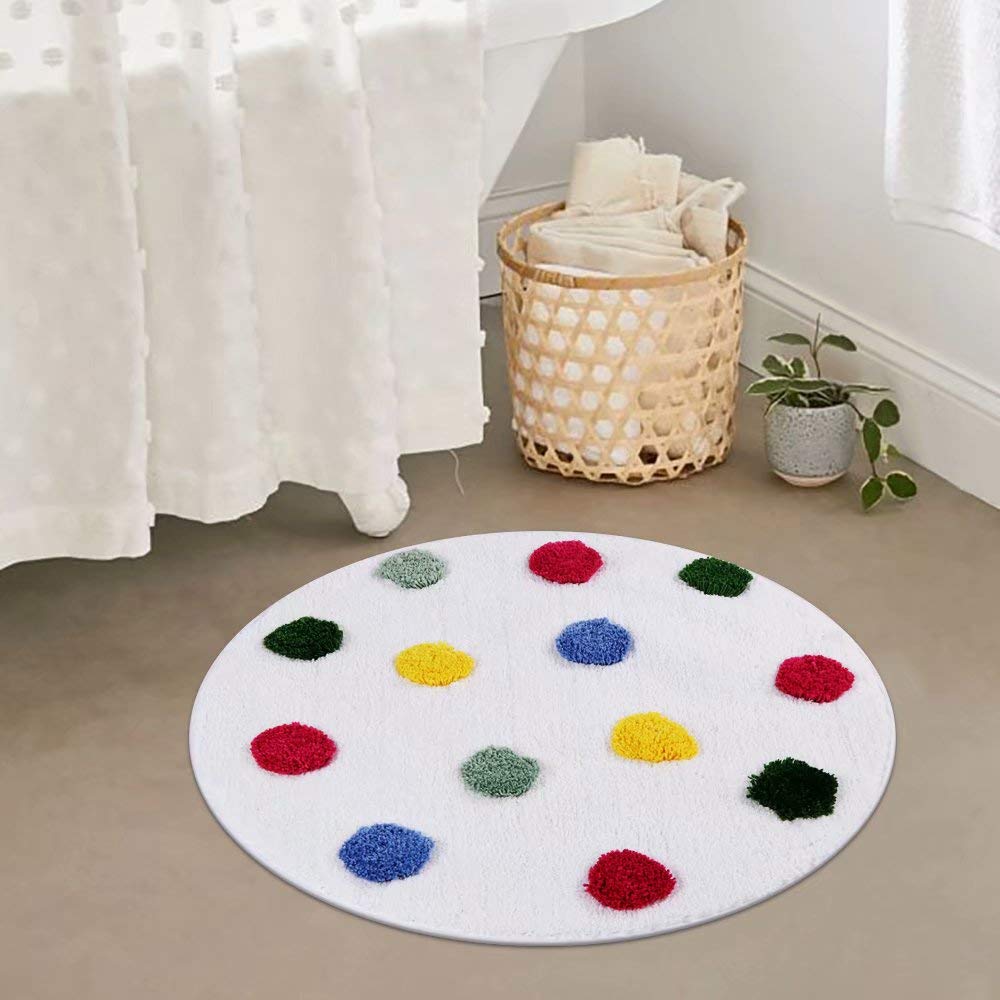 LIVEBOX Kids Bath Rug, Polka Dot Bath Mat 28inch Round Personalized Children Area Rug Soft Plush Non-Slip Carpet Bathroom Rug for Living Room Bathroom Playroom Best Shower Gift