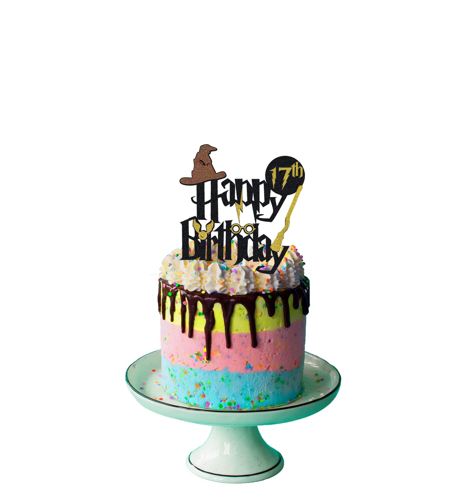 Wizard 17th Birthday Cake Topper - Boy & Girl '17' Design On Black Glitter Paper, For 6"+ Cakes