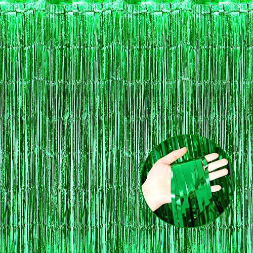 Image of 4 Pack Green Foil Fringe Curtain Backdrop, 3.28Ft x 8.2Ft Metallic Tinsel Foil Fringe Streamer Curtains for Photo Booth Props Decor Party Supplies