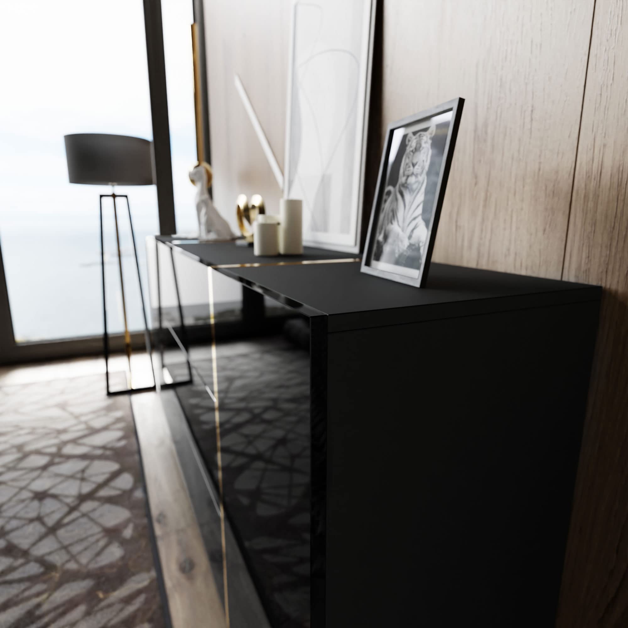 lukmebel Onyx Wohnzimmerset Auf Goldenen Beinen DREI Elemente Elegantes Und Modernes Design Leicht Zu Reinigen Abrieb- Und Kratzfest Laminierte Platte Schwarz