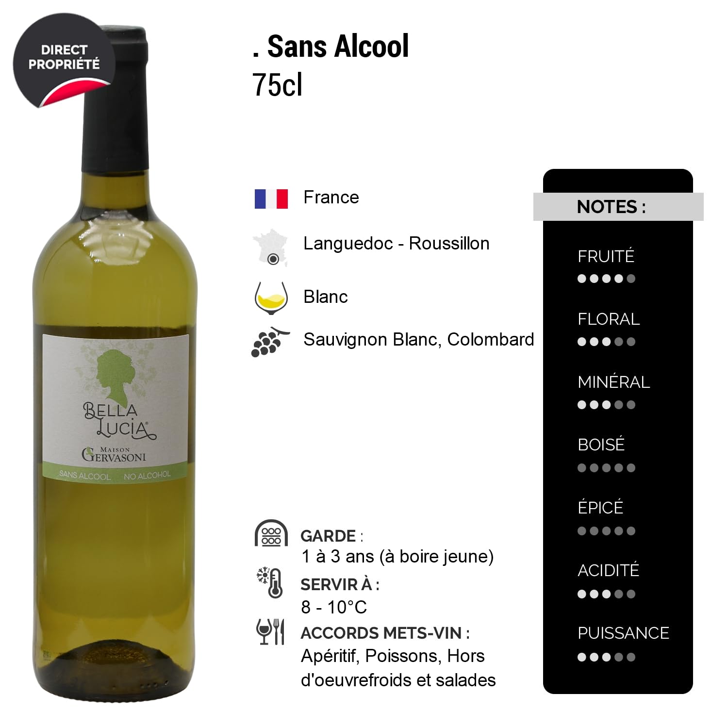 Sans Alcool Bella Lucia - Blanc - Maison Gervasoni - Vin Blanc du Languedoc - Roussillon (6x75cl) Sans Alcool