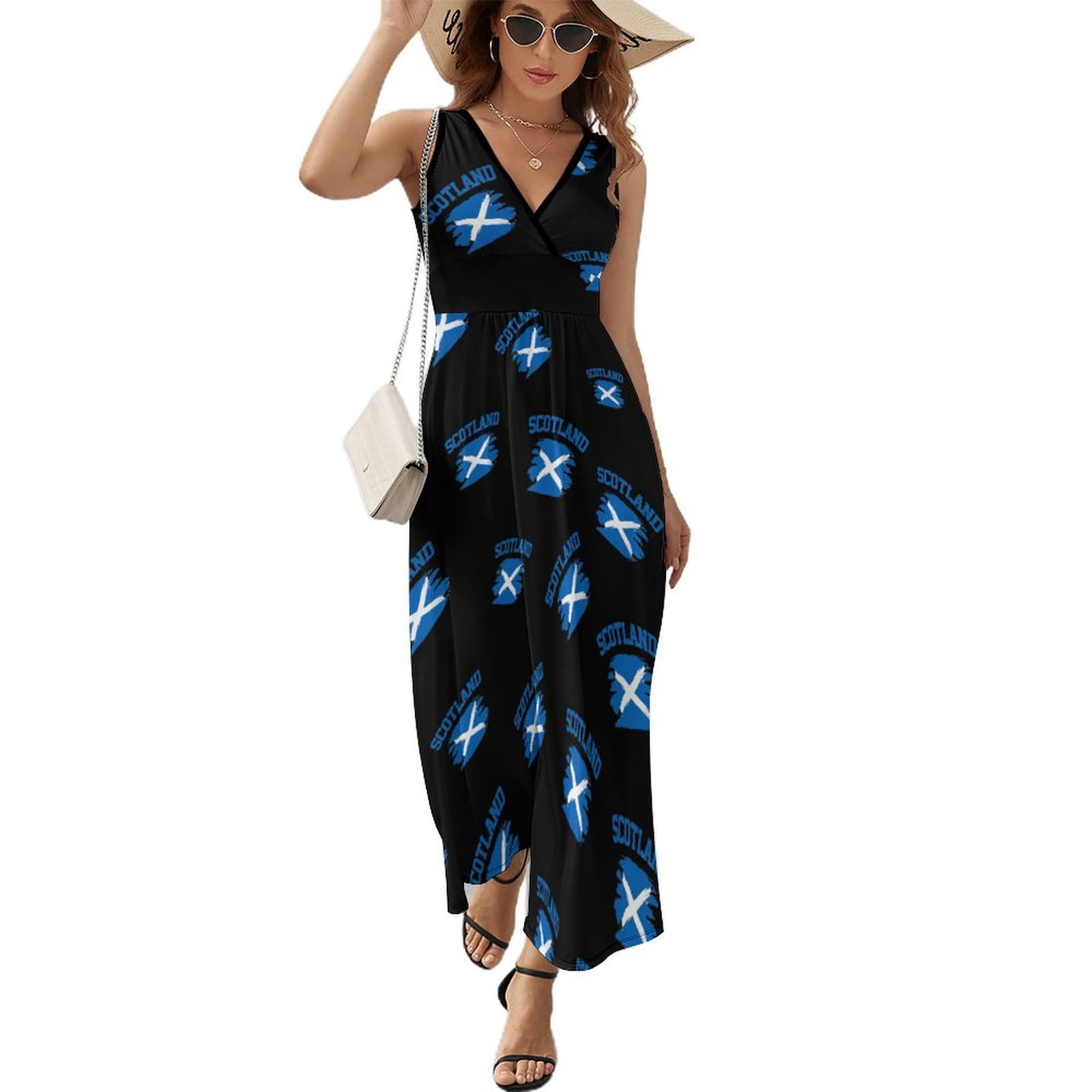 Kwqdozf Women's As Pic Scotland Flag Printed Casual Sleeveless Dress V-Neck Maxi Sundress Tank