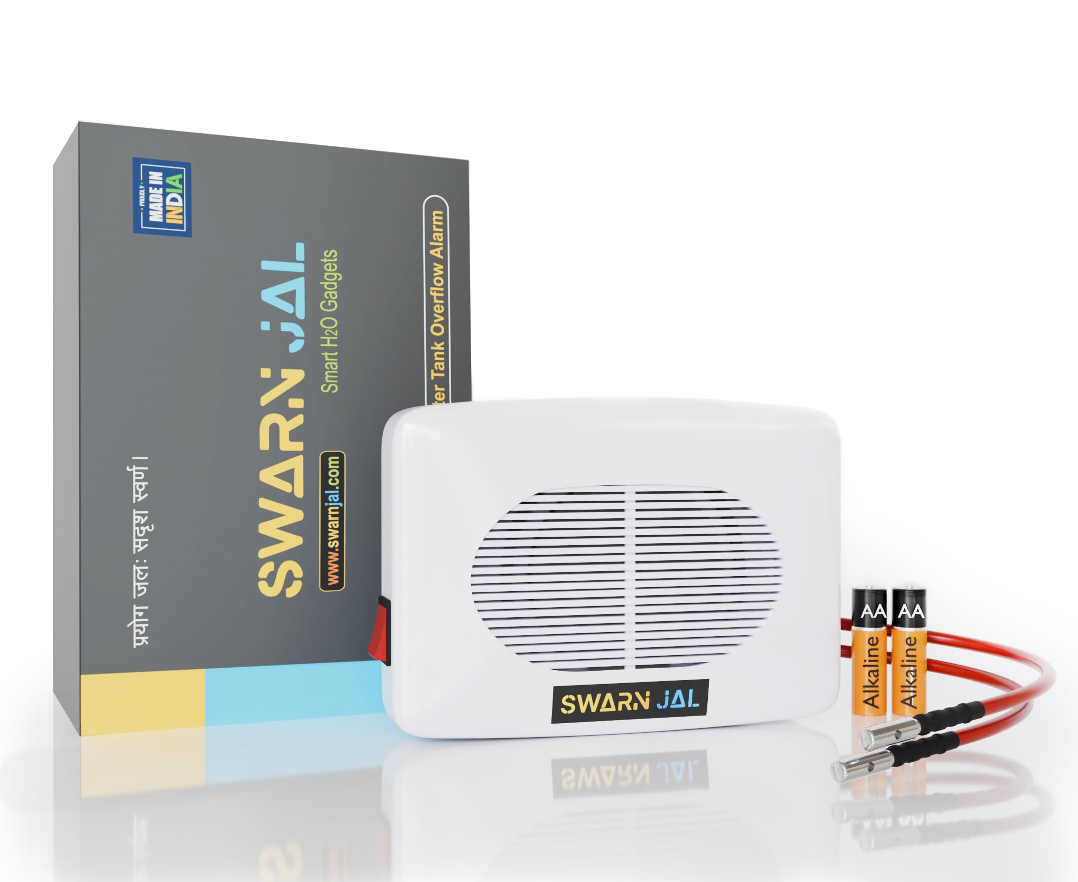 Swarn Jal (Model : A-VO-C) Water Tank Overflow Alarm with 2 Alkaline Cells, Loud Human Voice, Brass Sensors, 100% Shock Proof, 2 Years Cell Life, One Year Complete Warranty
