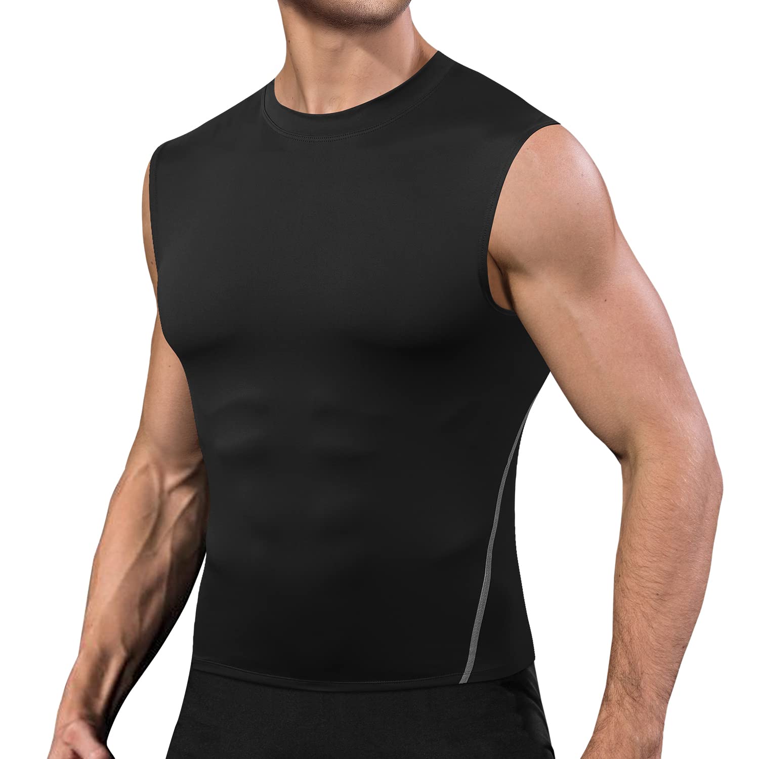 Odoland 5 Pack Mens Dry Fit Tank Tops, Compression Sleeveless Shirts, Athletic Workout Muscle Gym Undershirts, Black/Black, L