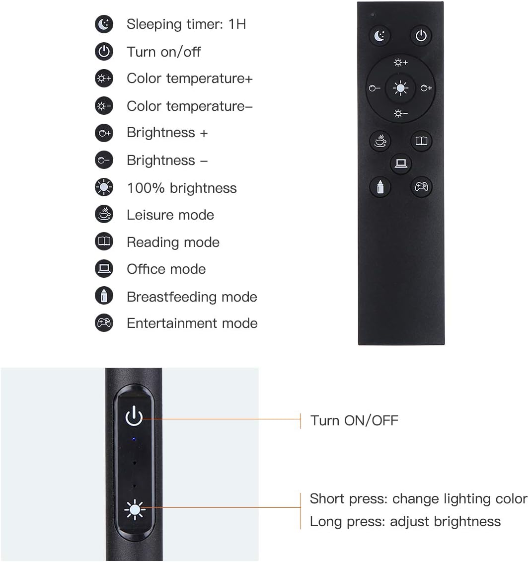Terperinci view of the remote control buttons and the touch control panel on the lamp, with labels for each function.