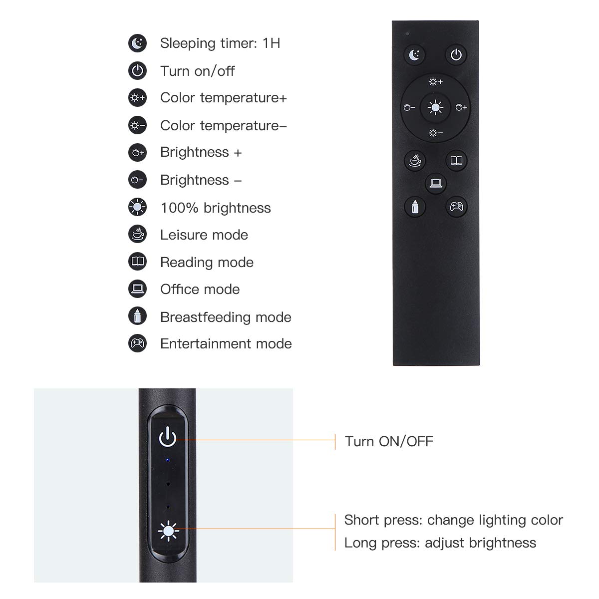 Piantana Lampada da Terra 1.6M, Lampada da Terra LED Dimmerabile 10W 1500LM, 3000K/4000K/5000K/6000K,Touch e Telecomando,Collo d'oca Regolabile,Piantana LED per Camera da Letto Soggiorno Ufficio- Nero