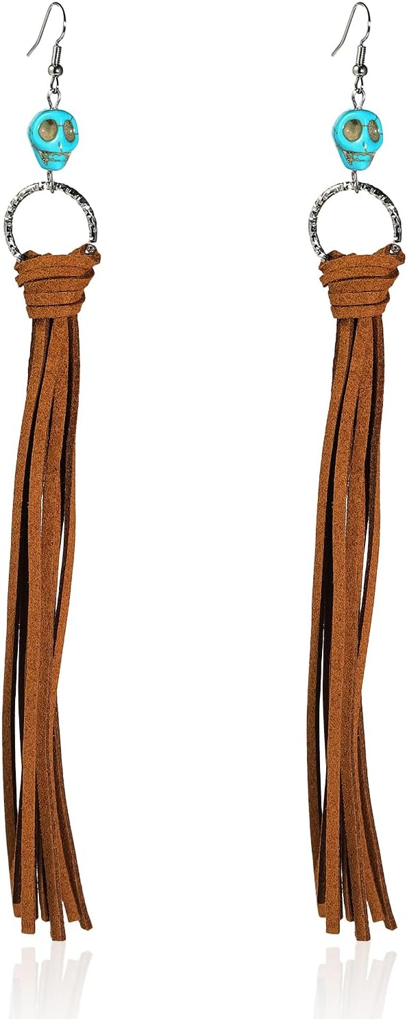Bohemian Fringe Leather Earrrings Handmade Tassel Earrings with Turquoise Long Western Statement Dangel Earrings Vintage Long Turquoise Leather Tassel Earrings for Women Jewelry