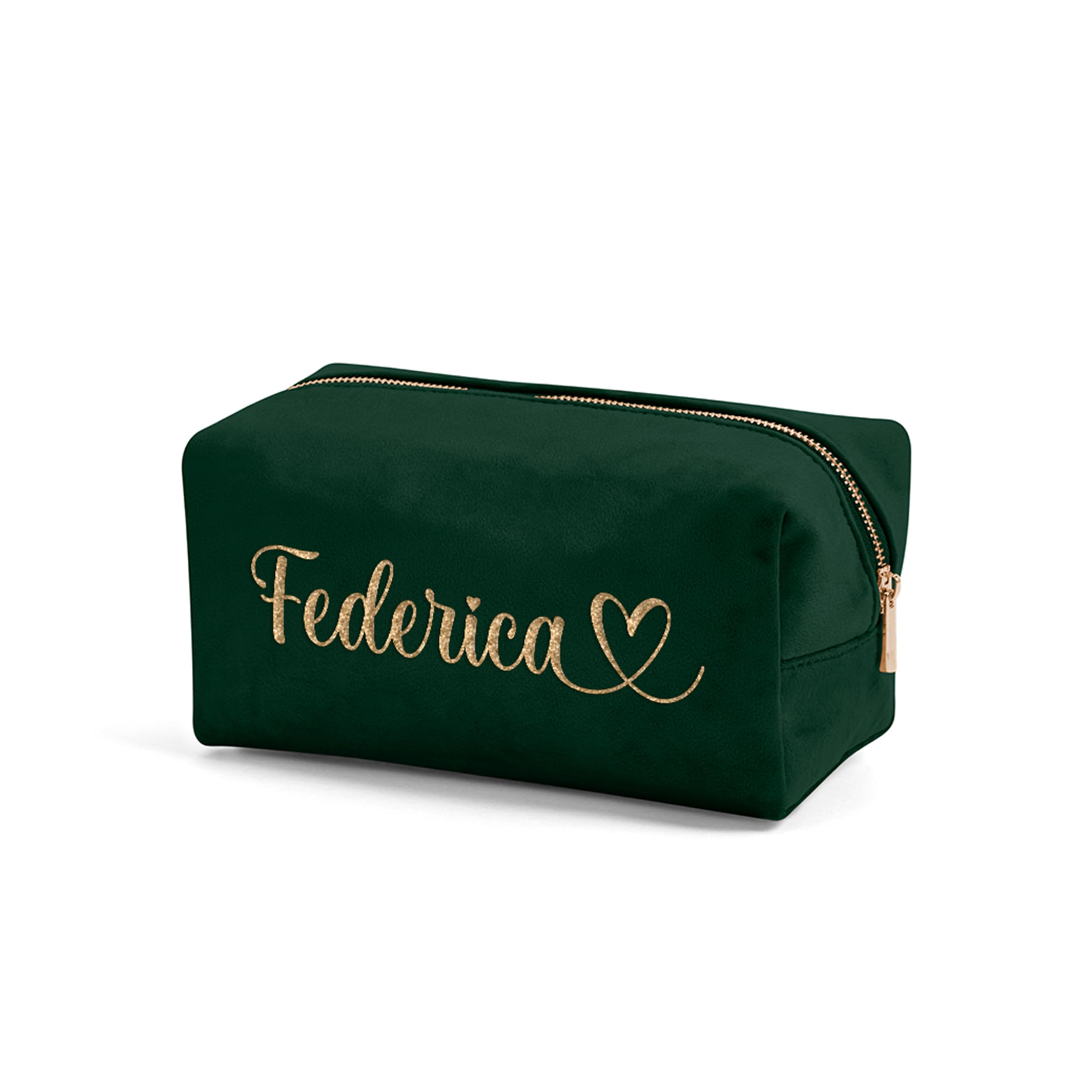 Beauty Case in Velluto Personalizzato con Nome Iniziali Testo - Borsa per Trucchi Cosmetica Accessori da Casa Viaggio con Cerniera Idea Regalo per Lei Donna (Verde smeraldo, Media)