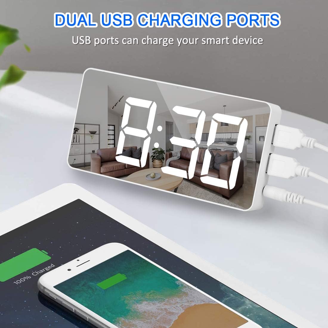 WulaWindy Digital Alarm Clock Large Mirrored LED Clock Snooze Function Dimming Mode Beside Clock for Bedroom Decor -White