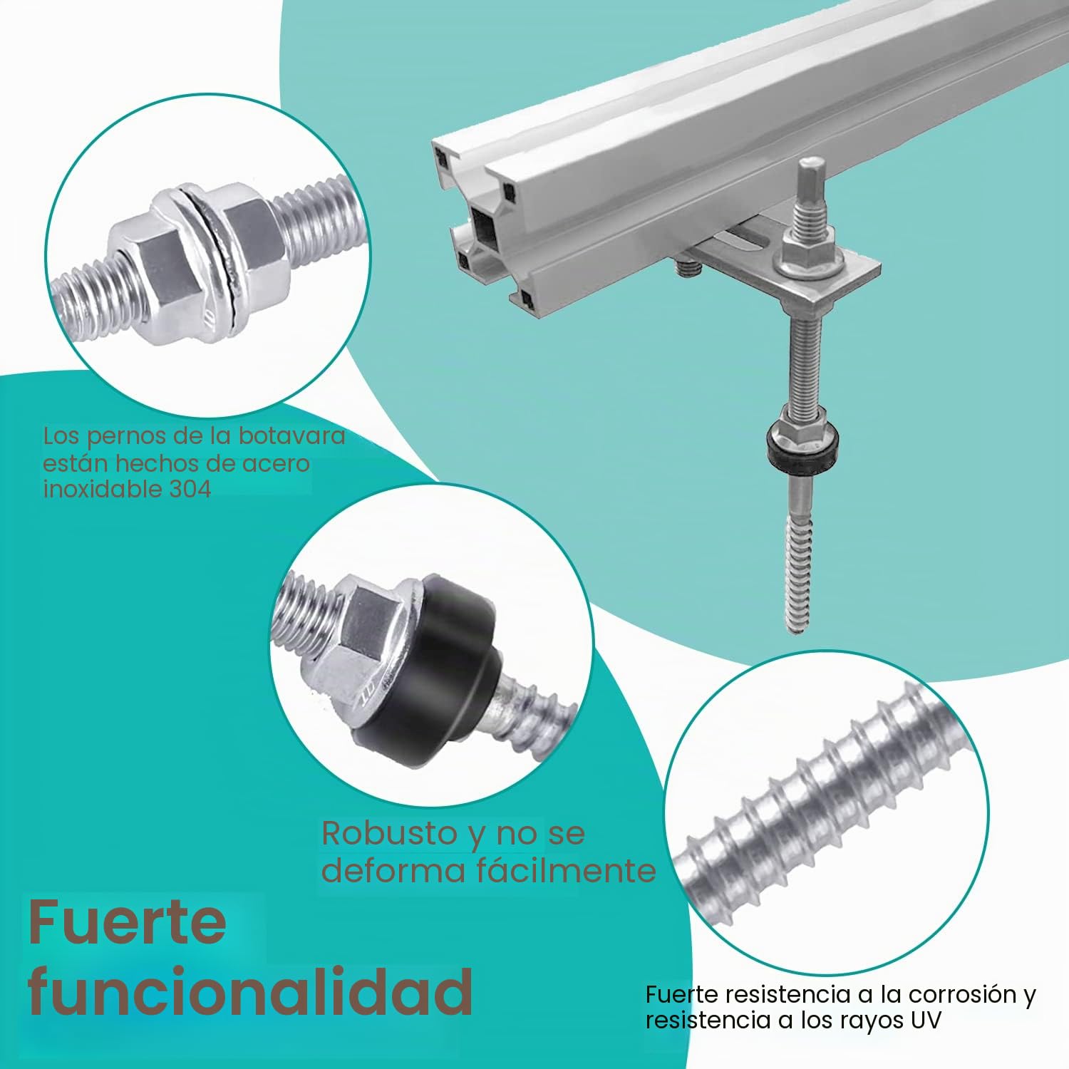 16 Piezas Tornillos de Acero Inoxidable, M10 x 200 mm, Tornillos de Soporte Placas Solares, Altura Regulable, con 16 Piezas Placa Adaptadora, para Fijación Solar Fotovoltaica
