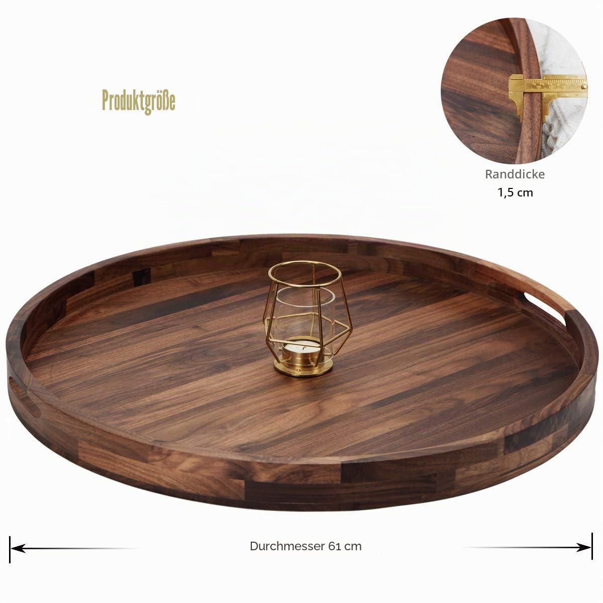 Extra großes rundes Tablett aus schwarzem Walnussholz, 61 cm, mit Griffen, zum Servieren von Tee, Kaffee oder Frühstück im Bett, klassisches rundes dekoratives Serviertablett aus Holz