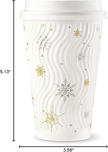 Miniatura 10 de Paquete de 100 tazas de café de Navidad de 16 onzas, vasos de papel desechables de invierno con copos de nieve blancos, vasos de papel de pared con