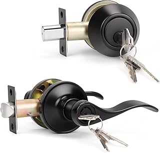 KNOBWELL Single Cylinder Deadbolt and Keyed Entry Door Levers for Exterior Front Doors, Matte Black Finish Drop/Wave Lever Style, All Keyed Alike(Same Keys)