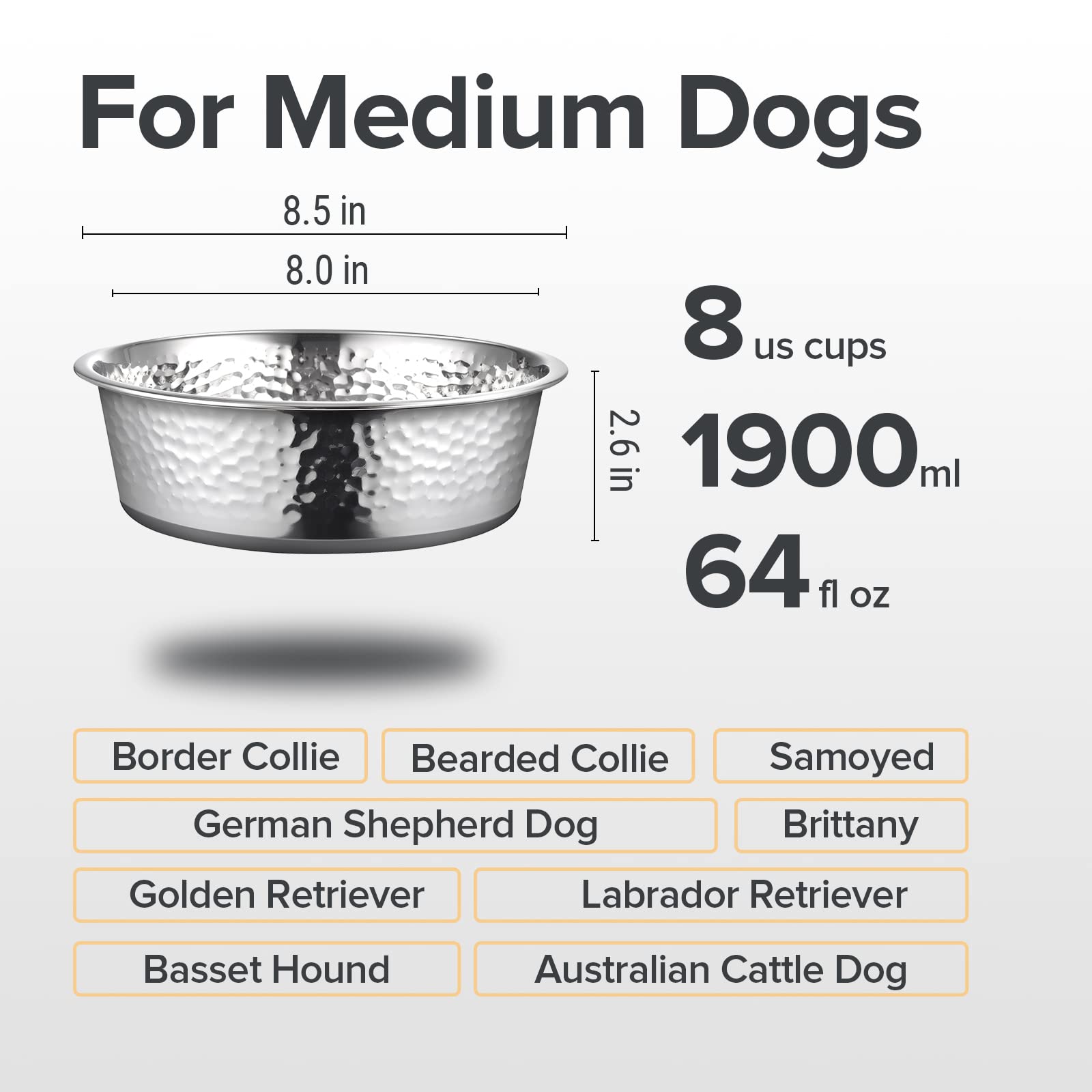 URBUDDIES Paquete de 2 cuencos de acero inoxidable martillados para perros, cuencos de metal de alta calidad con parte inferior de goma antideslizante, aptos para lavavajillas, fáciles de limpiar, 8
