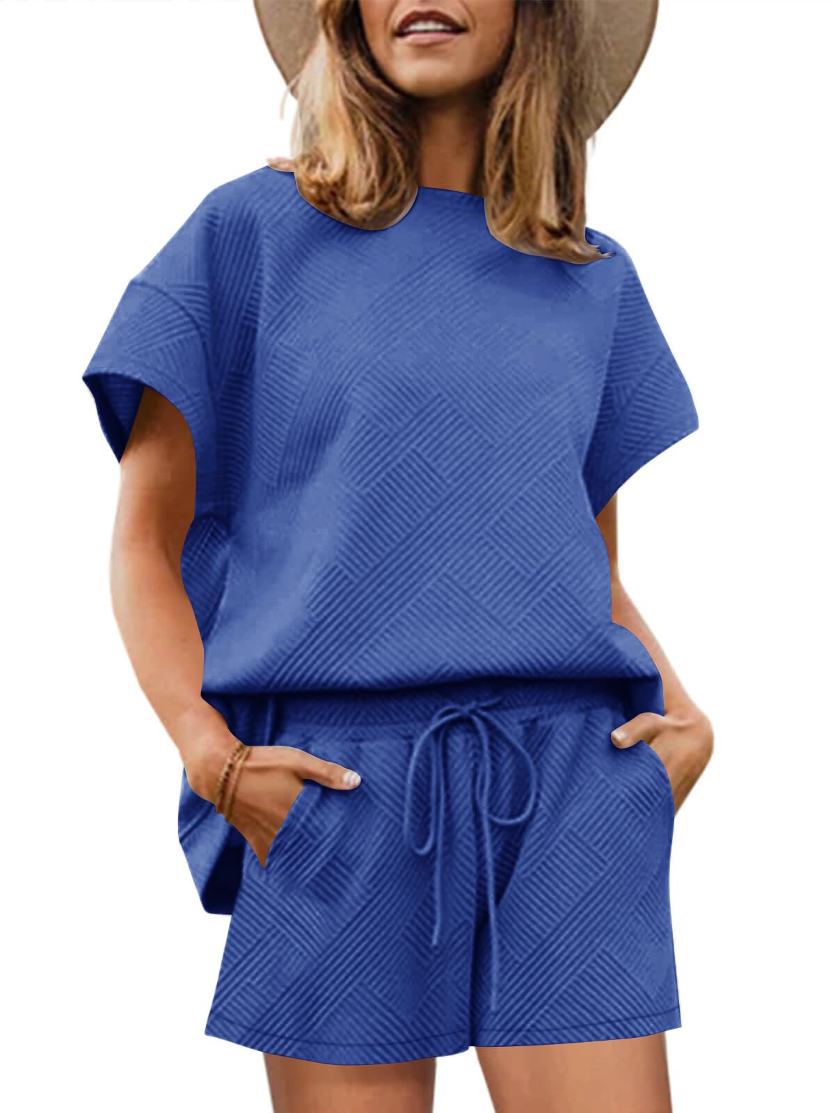 Imily Bela Womens Loungewear Set Short Sleeve Tops and Shorts 2 Piece Outfits Plus Size Oversized Pajama Set with Pockets