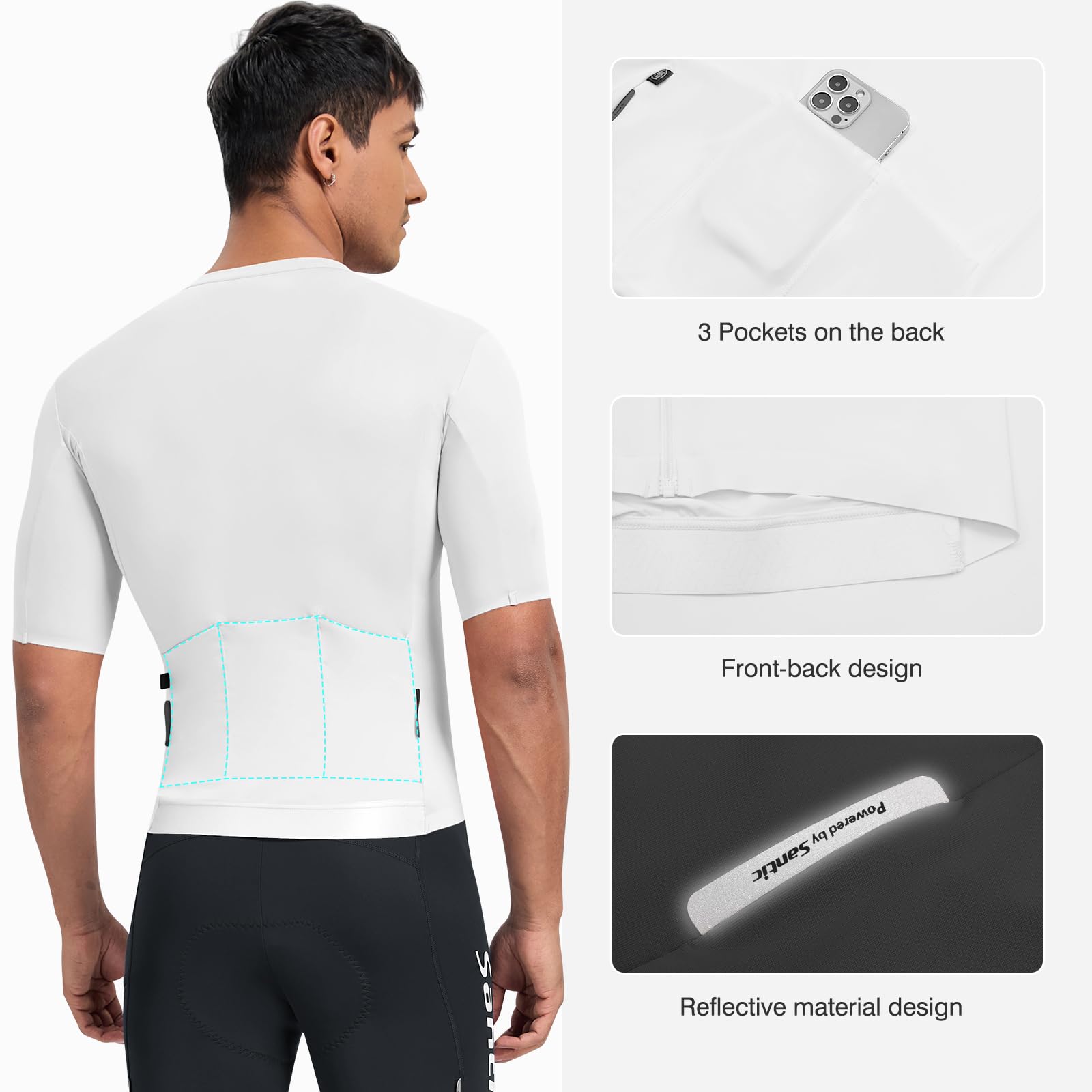 Santic Maillot de cyclisme à manches courtes pour homme avec fermeture éclair intégrale UPF 50+ Poches
