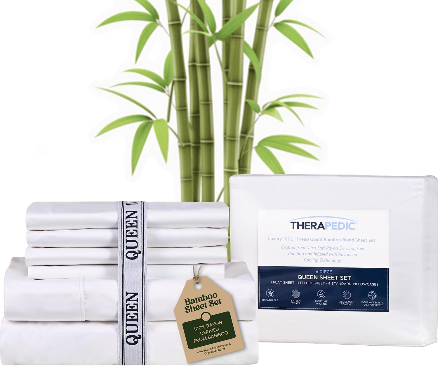 Therapedic 100% Organic Rayon Derived from Bamboo Queen Sheet Set | 1000TC 6-Piece Cooling Sheets Set, 16” Deep Pocket Fitted Sheet, 4 Pillowcases - White