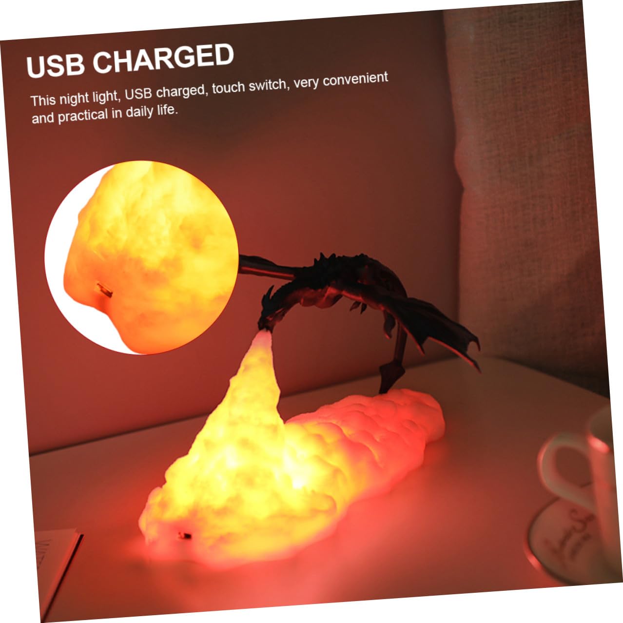 Yardenfun Veilleuse Dinosaure LED Décorative Dragon de Feu Rechargeable USB Lumière Douce pour Chambre Garçon Fille Ambiance Chaleureuse