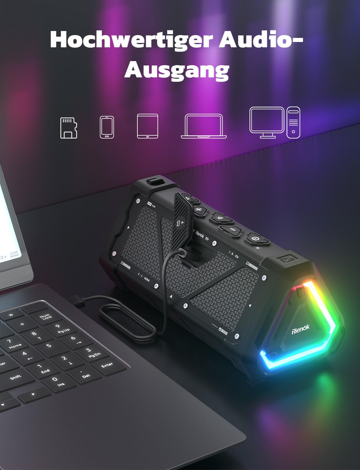 RIENOK S11 Bluetooth Lautsprecher 30W Musikbox mit EQ Modus USB IPX7 Bluetooth Box 24h Akku Tragbarer Lautsprecher mit Licht Bass für Phone Party Outdoor Strand Park Fahhrad