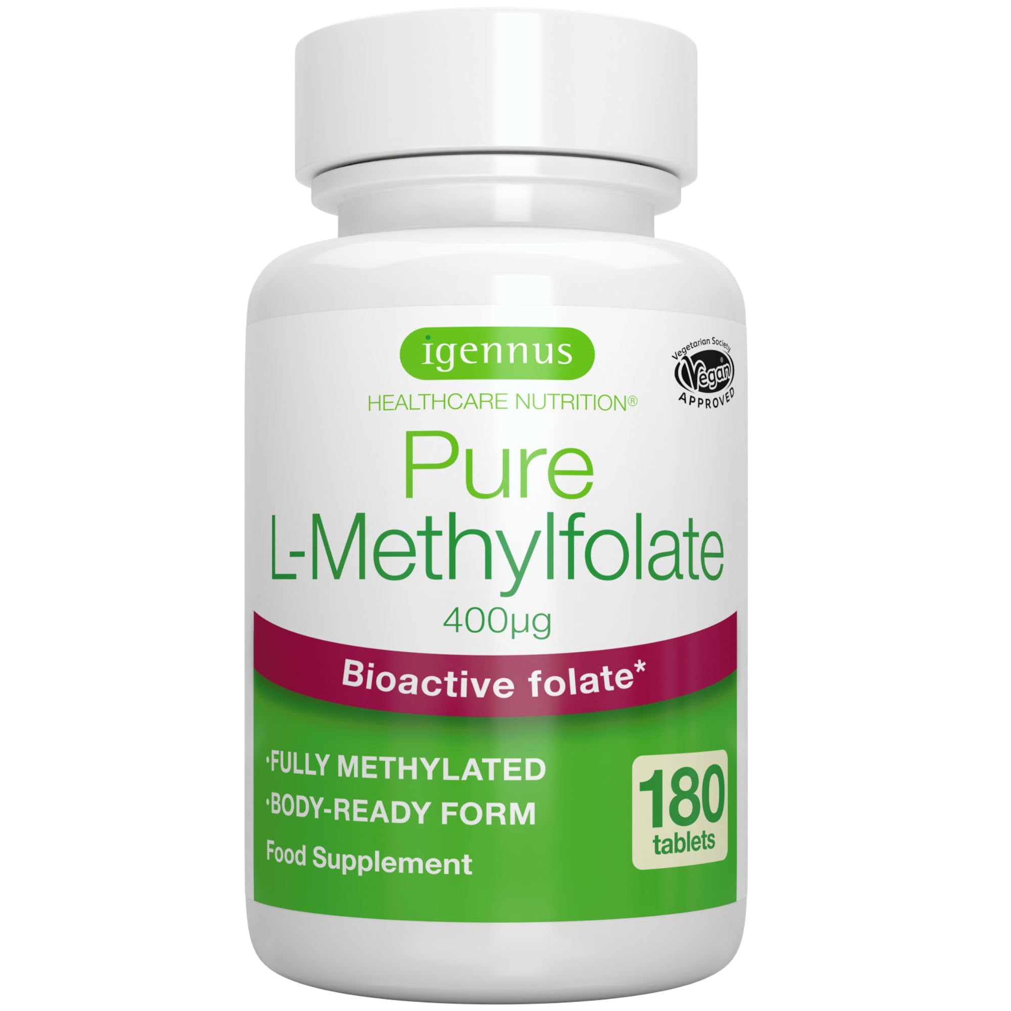 Igennus Pure Methyl Folate 400 mcg, 180 Tablets, 5-MTHF Active Folate (B9)