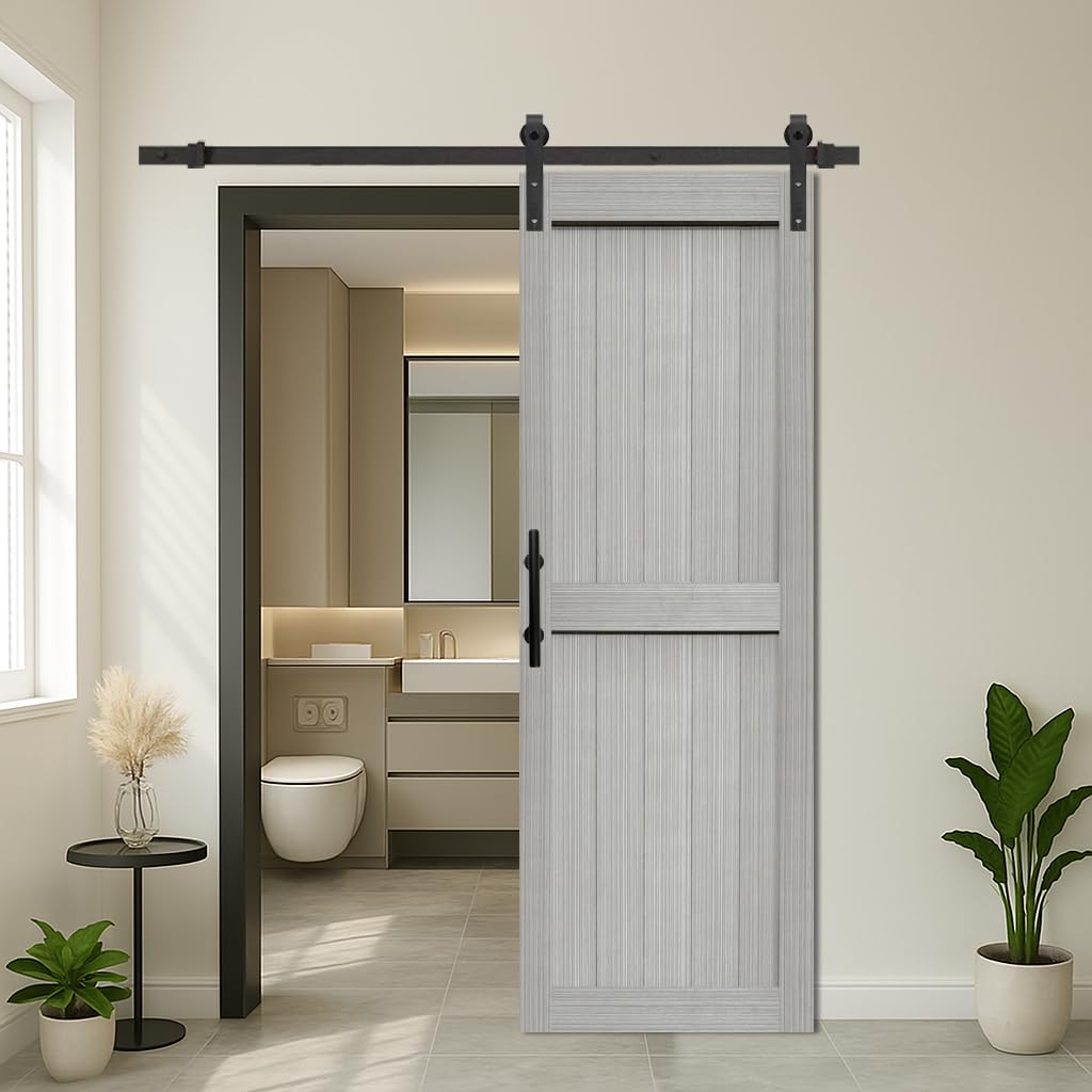 S&Z TOPHAND® 24in x 84in MDF Light Gray Barn Door with 4FT Sliding Door Hardware Kit, 24-60in Solid Barn Door Slab Covered with Water-Proof PVC Surface, Simple Assembly is Required