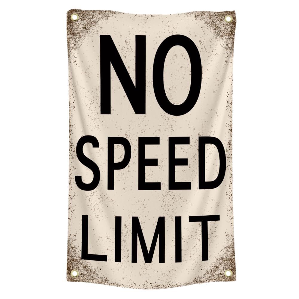 No Speed Limit Flag 3x5Ft with 4 Brass Grommets Vintage Reproduction Metal Sign Tapestry for Outdoor Indoor Home Office Bedroom Decor