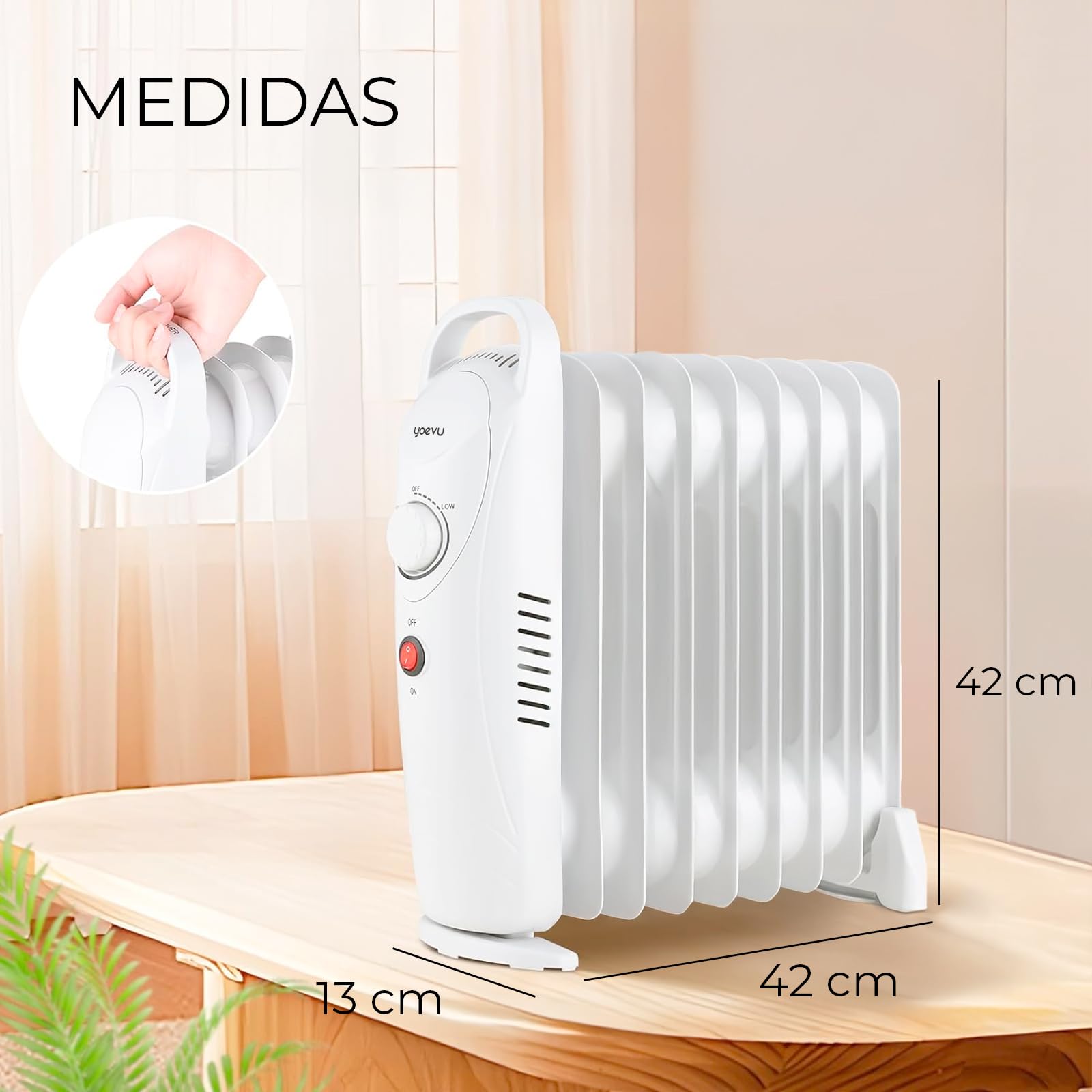 YOEVU | Radiador de aceite | 1000W, 9 elementos, blanco, 42x13x42cm | Protección contra sobrecalentamiento, diseño compacto, eficiencia energética | Calefacción portátil