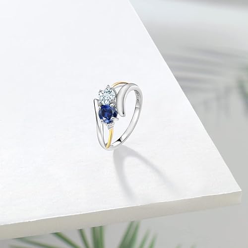 Miniatura 4 de Anillo de plata de ley 925 y oro amarillo de 10 quilates, azul cielo, azul aguamarina, zafiro creado y diamante blanco cultivado en laboratorio