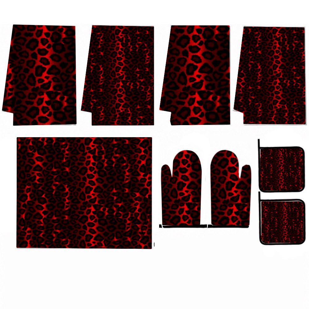 9PCS Red Leopard Print Cucina Decor e Accessori Set