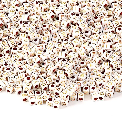 Augshy 1400pcs Square Acrylic Gold Alphabet Beads A-Z Cube Letters Beads for Bracelets Necklaces Phone Lanyard Making with 1 Roll Crystal String Cord for Jewelry Making(6 mm)