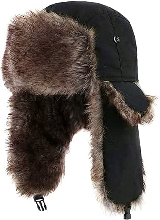 Hats, Winter Trapper Hat Warm Hats Faux Fur Warm Windproof Cap with Ear Flap for Skating Skiing Black