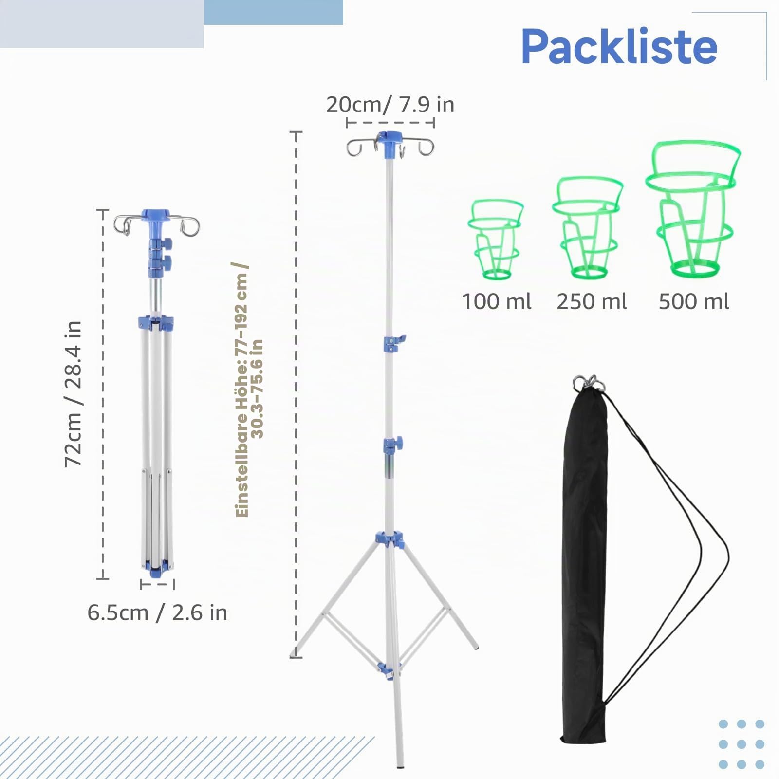 Verstellbarer Infusionsständer, tragbarer Infusionsständer für unterwegs und zu Hause, faltbarer Infusionsständer mit 4 Haken, Edelstahl-Infusionshalter mit 3 Infusionsnetzen, 77–192cm (weiß)