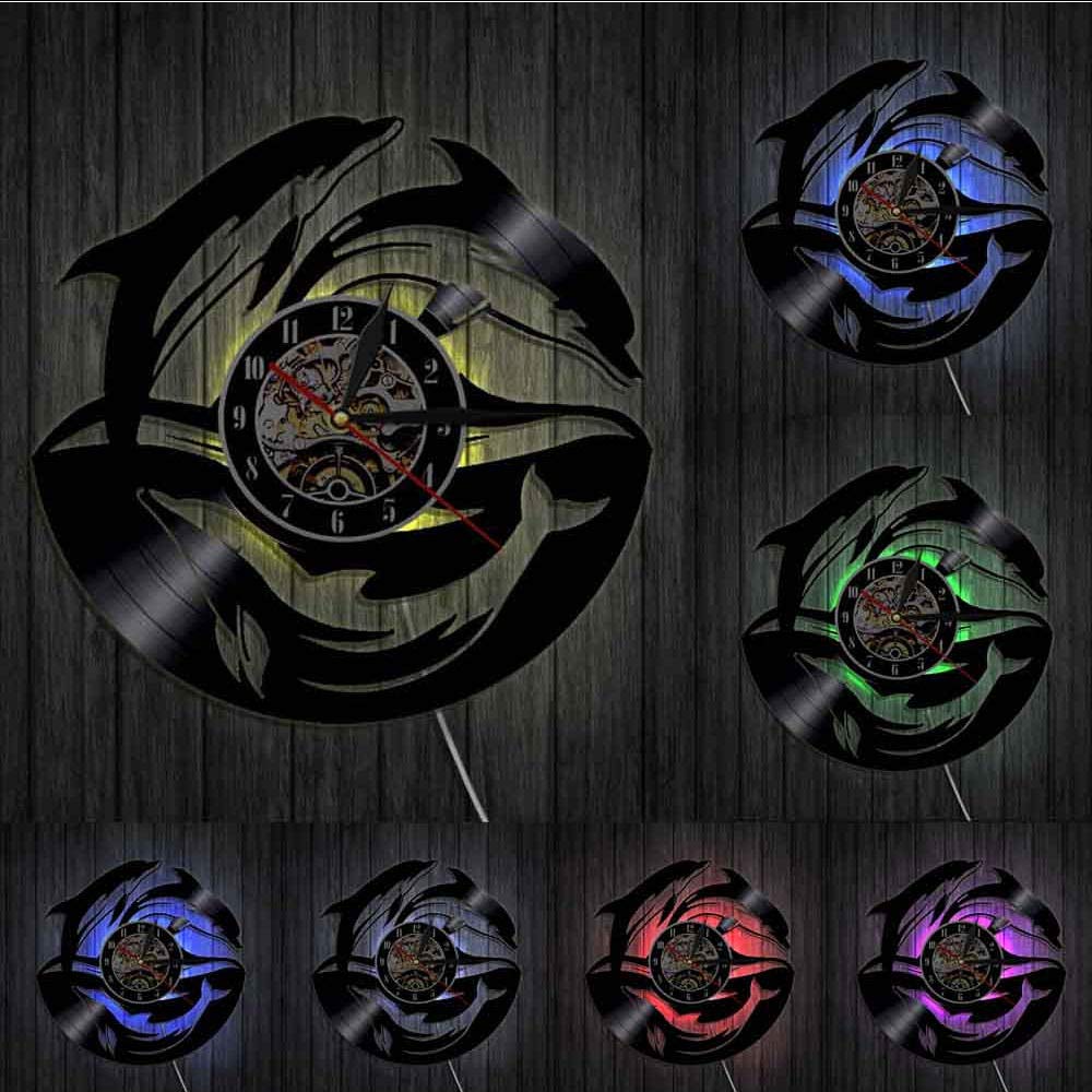 Wall Clocks Dolphin Sea Ocean Life Animal Vinyl Record Wall Clock Underwater Wildlife Marine Dolphin Vinyl Record Wall Clocks Kid Room Decor Lighted