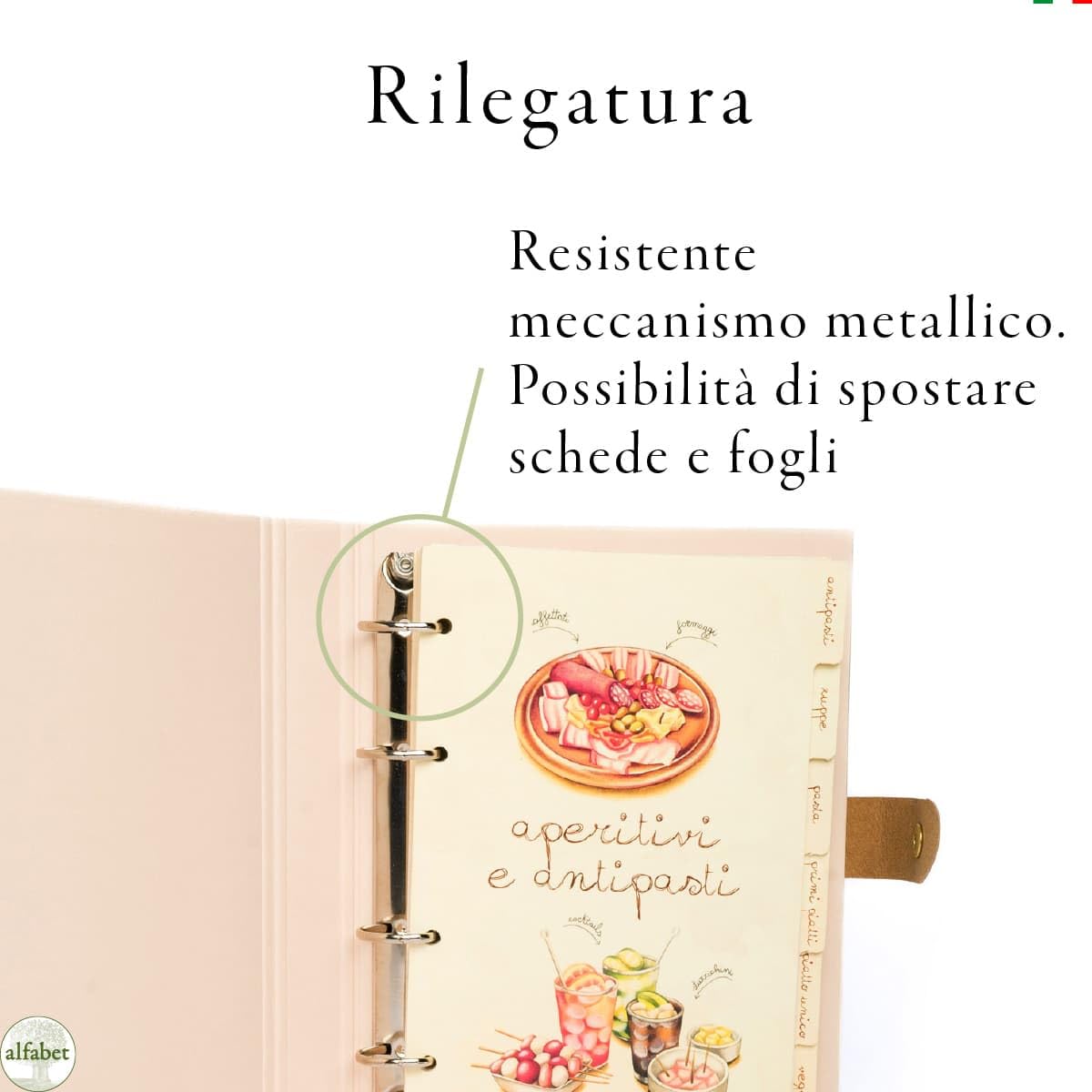 ALFABET - Ricettario Ad Anelli Da Scrivere, Scatola Regalo, Artigianale Italiano, Con Schede Tematiche, Carta Ecologica Stampata, Idea Regalo Per La Mamma, Per La Nonna, Per La Suocera, Cipria