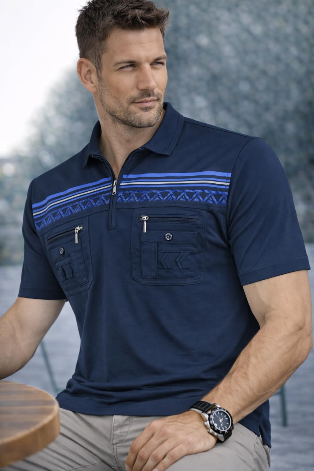 Soltice Polo da uomo a maniche corte, polo a righe con tasca sul petto, maglietta in misto cotone (da M a 3XL)