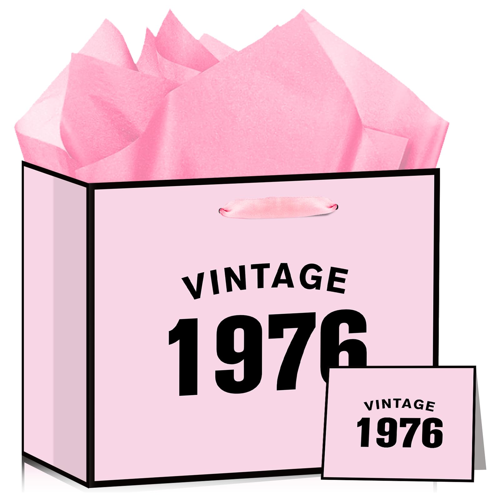 12'' Large Pink 50th Birthday Gift Bag for Women Happy 50th Birthday Gift Bag with Wrapping Paper and Card Vintage 1976 Paper Bag for Lady Mom Fifty Year Old Anniversary Bday Party Supplies