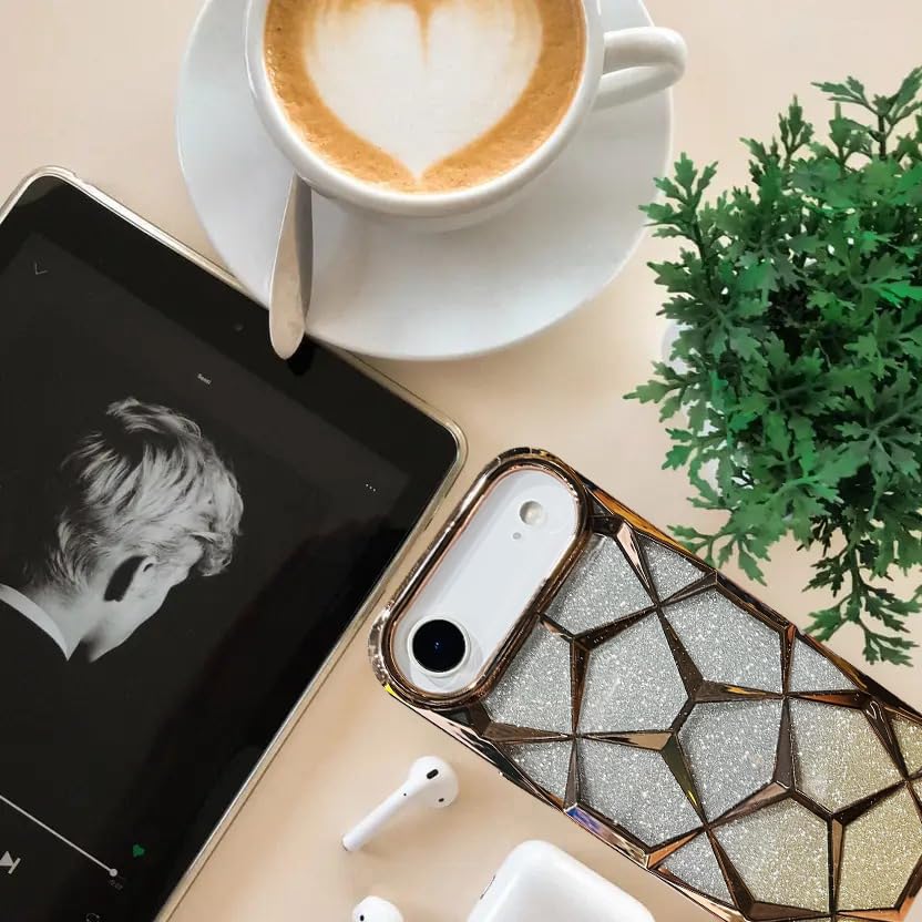 Image of VONZEE Gradient Glitter Back Cover Case Compatible with iPhone 17 Air, Luxury Electroplated 3D Cube, Diamond Bling Shiny Soft TPU Clear Shockproof Women Girls Protective Phone Cover (Gold)