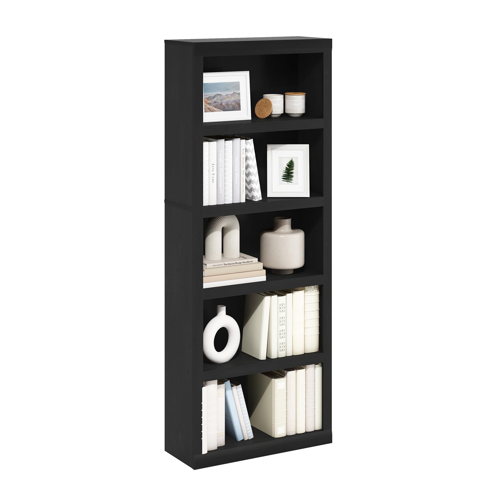 Furinno RAIL Book Shelf, 5-Tier Bookshelf, Bookcase with Open Shelf, 10.1 x 24.6 x 63.5, for Living Room, Bedroom, Home Office, Blackwood