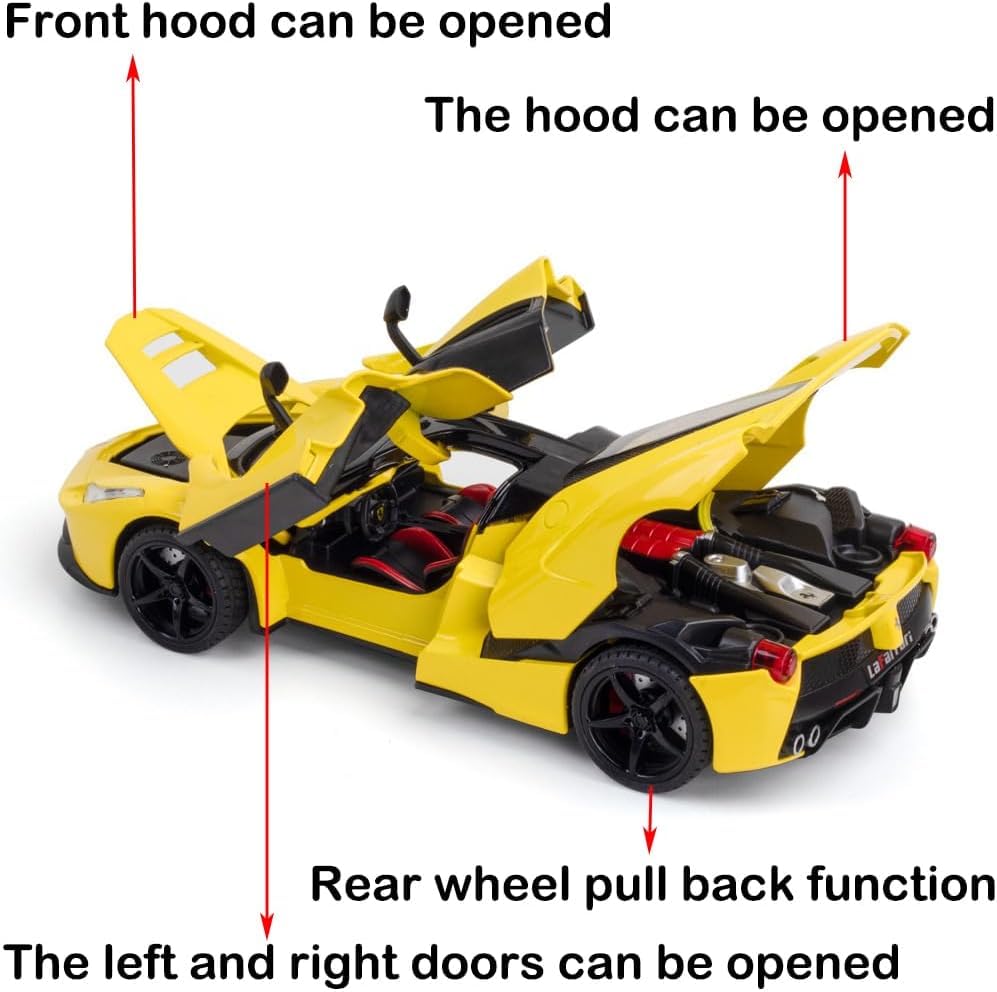 Image of FEXXA 1:22 Scale LaFerrari Die-Cast Metal Car with Sport car Openable Doors Light and Sound,Pull Back Function Indoor Outdoor Toy for Kids (Yellow)