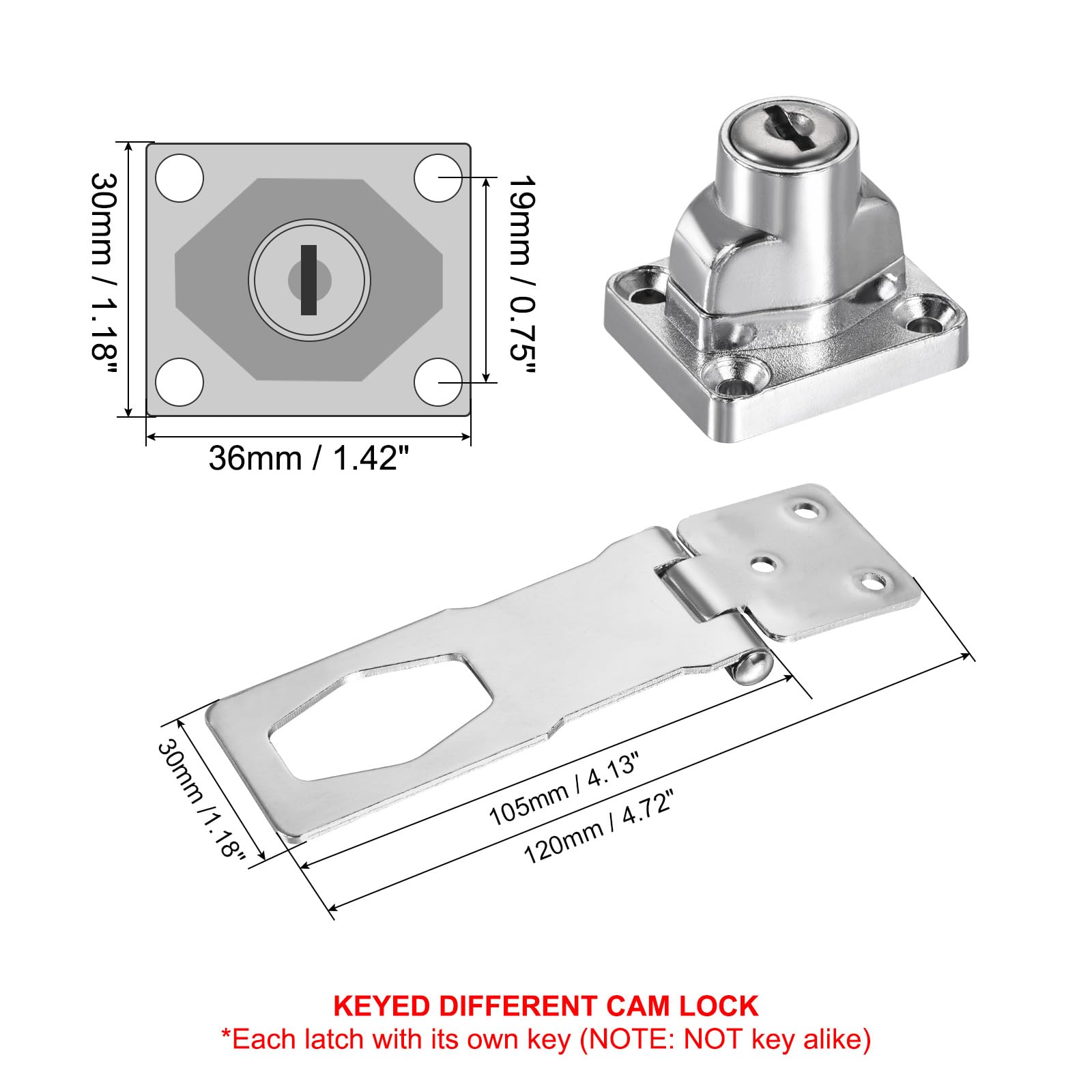 PATIKIL Keyed Hasp Locks, 4 Inch Twist Knob Locking Hasp Lock Metal Safety Hasp Latches for Cabinet Small Door Keyed Different, Silver - Image 2