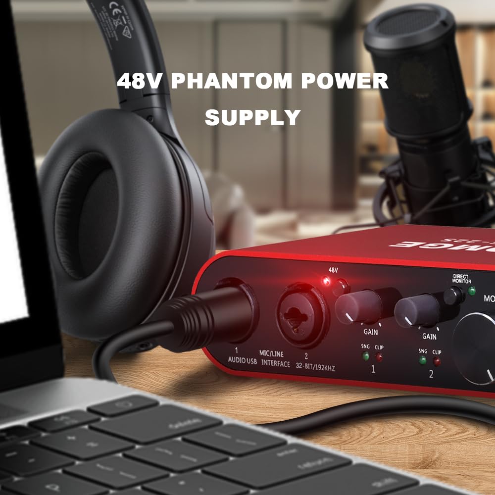 BOMGE Interfaccia audio USB alimentazione phantom XLR/48V, 32bit/192kHz ad alta fedeltà, per interfaccia mixer audio da studio per chitarristi, cantanti, podcaster, produttori, plug and play