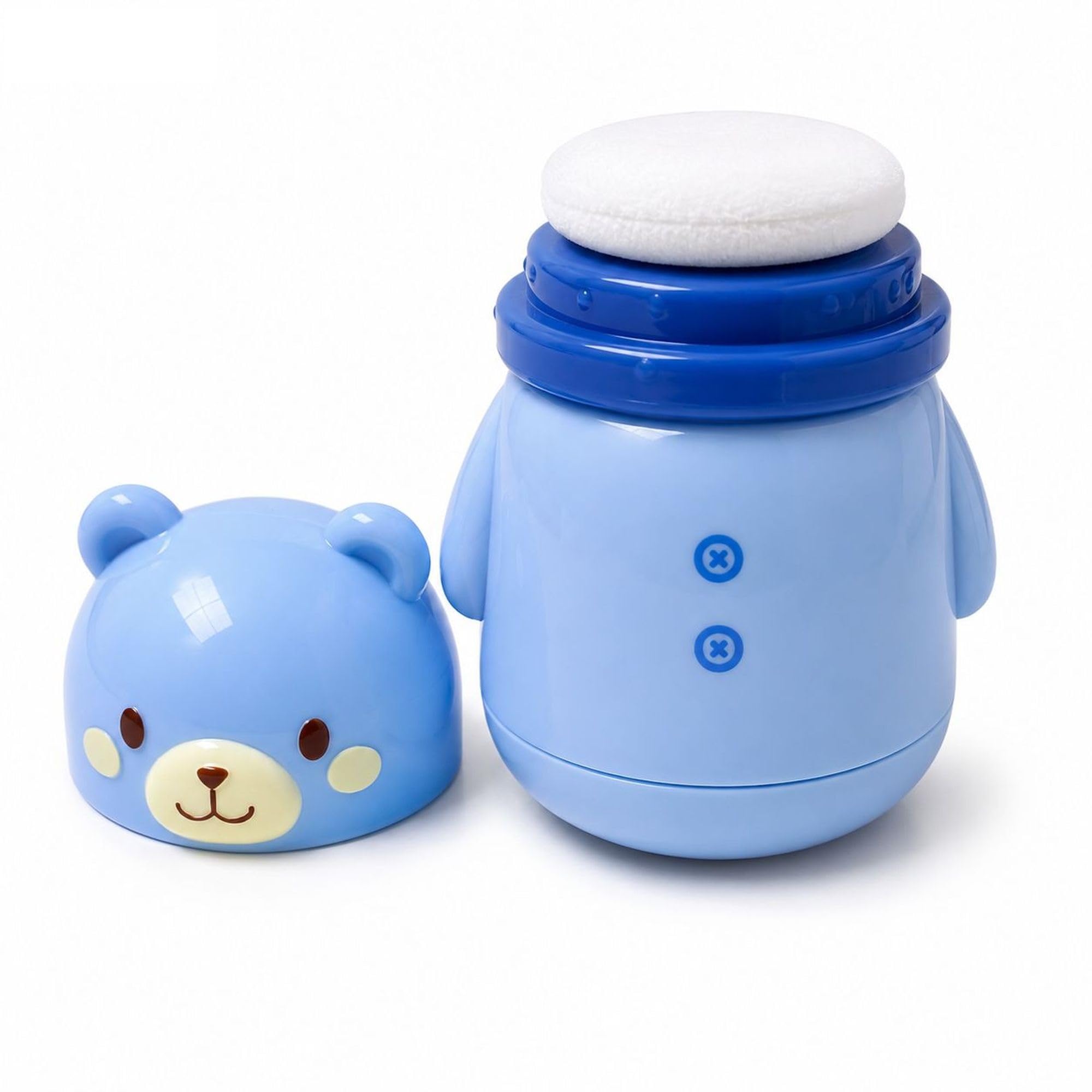 hi mom cute bear baby powder puff container with soft sponge puff bpa free refillable powder box portable talcum powder applicator for newborn infant toddler kids - blue