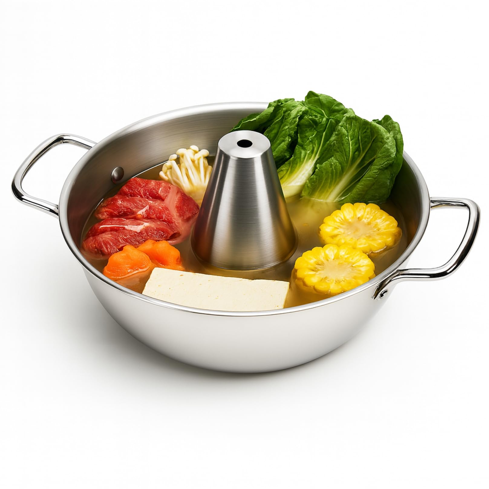 Authentic Japanese Shabu Shabu Hot Pot Pan Traditional Stainless Steel Hotpot Cooking Pot with Chimney, Made in Japan (26 cm)