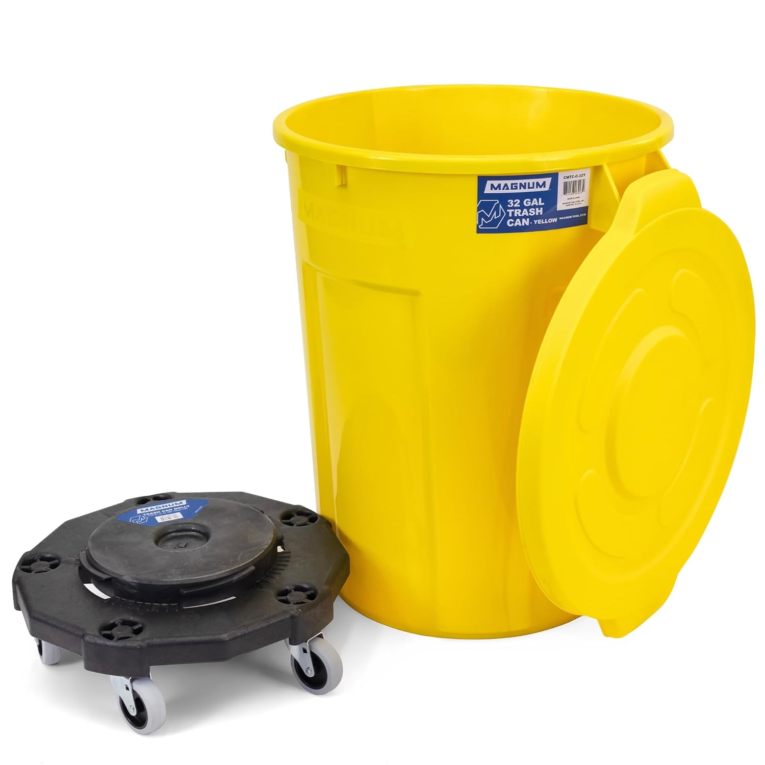 Magnum Yellow 32 Gallon Trash Can Set (Trash Can, Quiet Dolly, and Reinforced Lid), Construction Grade, Jobsite Ready, Non-Marking Wheels & Casters for Rolling Garbage CMTC-CLD0-32Y01 (1 Set)