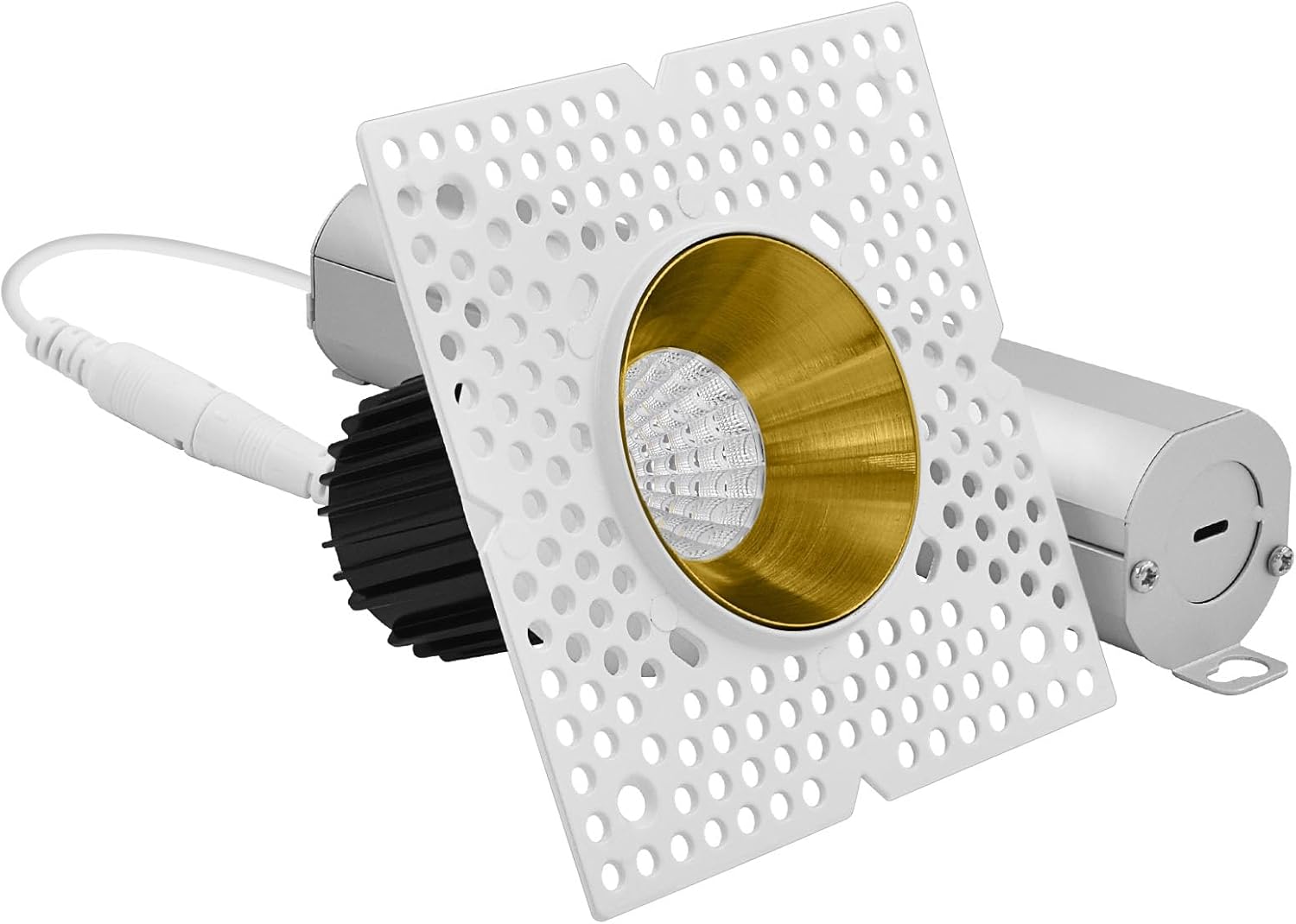 LUXRITE 1-Inch LED Trimless Recessed Spotlight with Brass Reflector Trim Replacement 10W, 850LM, 2700K-5000K, 60° Beam Angle, Dimmable, Push-n-Lock, CRI90, Damp & IC Rated, ETL White + Brass