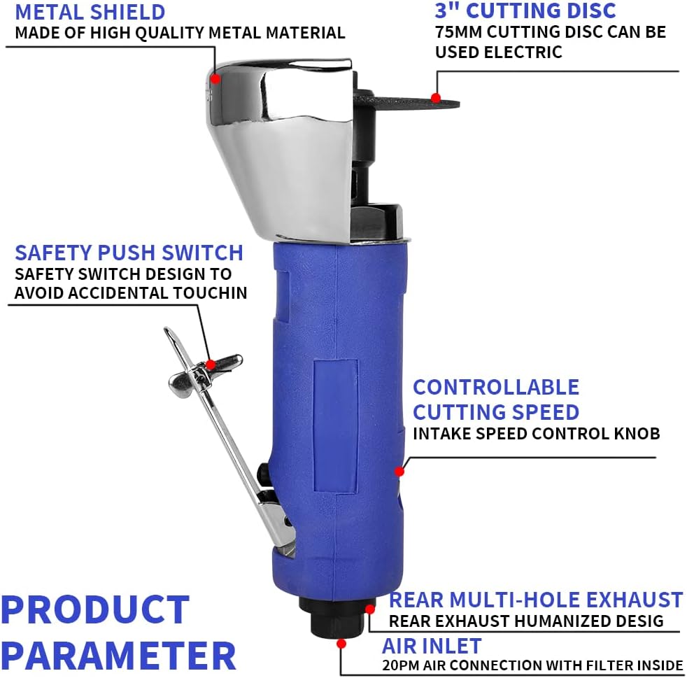 3 Inch Air Cut Off Tool, Equipped with 5-Pieces 3" Cutting Disc Set, Pneumatic Metal Sheet Cutting Tool,2000RPM