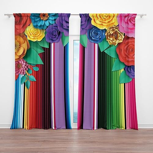 Cortina de flores de papel con temática mexicana de 82 x 84 pulgadas, diseño de rayas coloridas, festival, celebración, carnaval, dormitorio,