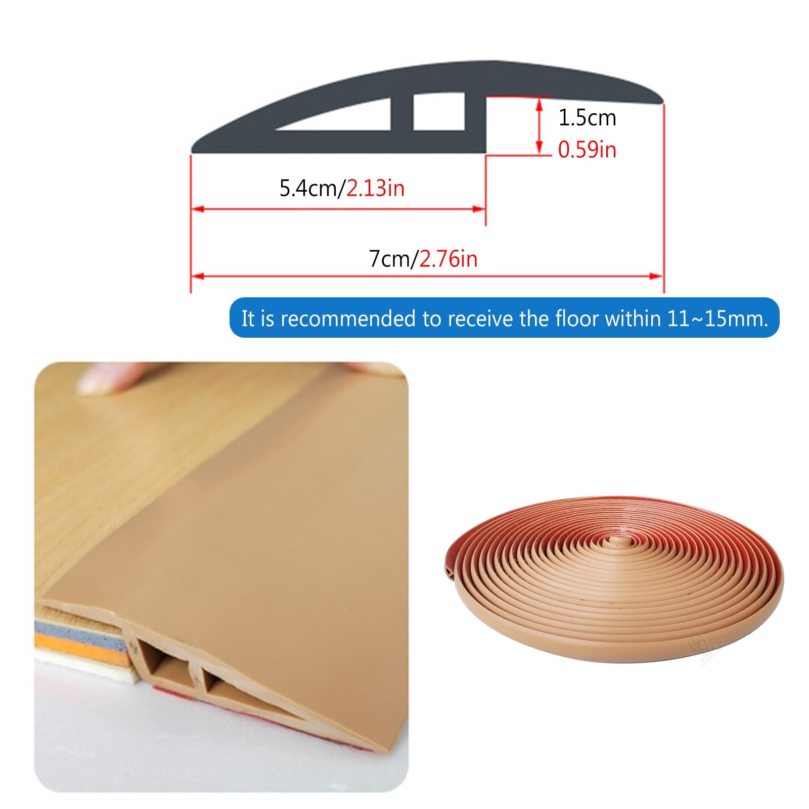Tira de umbral superposición autoadhesiva reductor de umbrales, 7 cm ancho Azulejo laminado borde tira de transición, alfombra plana flexible de PVC Alfombra de borde de acabado(D 10m/33 pies de