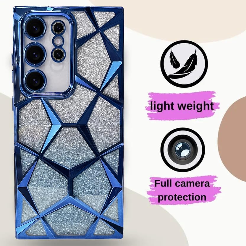 Image of VONZEE Gradient Glitter Clear Case for Samsung S25 Ultra, Luxury Electroplated 3D Cube, Diamond Bling Shiny Soft TPU Clear Shockproof Women Girls Protective Phone Cover (Blue)